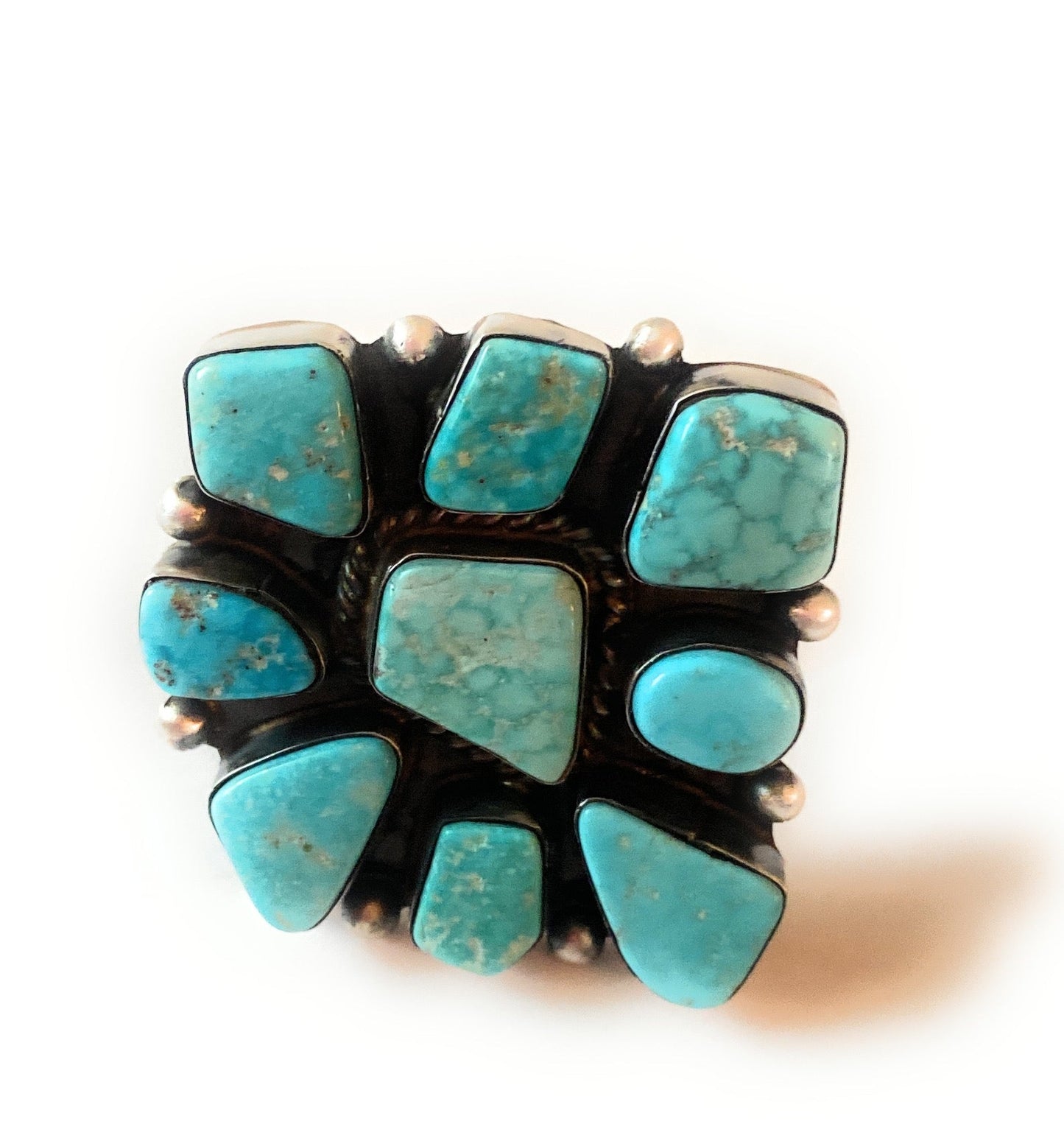 Navajo Kingman Turquoise & Sterling Silver Cluster Ring Size 9