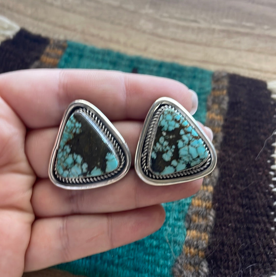 Navajo Number 8 Turquoise & Sterling Silver Post Earrings Signed