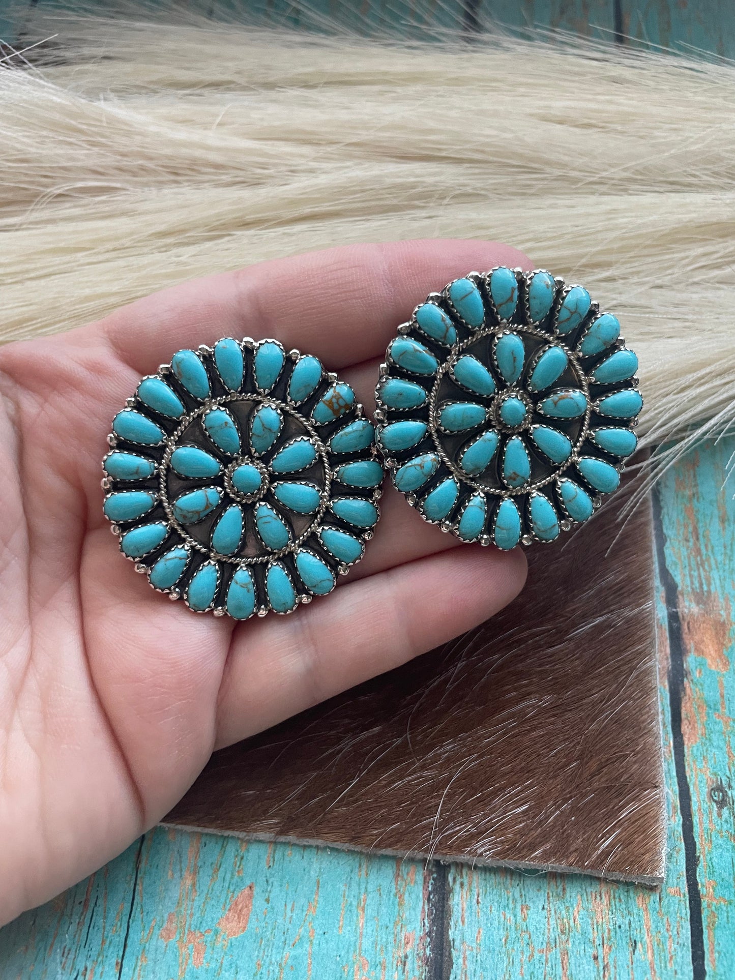 Navajo Sterling Silver And Turquoise Cluster Circle Earrings Signed 1.5”
