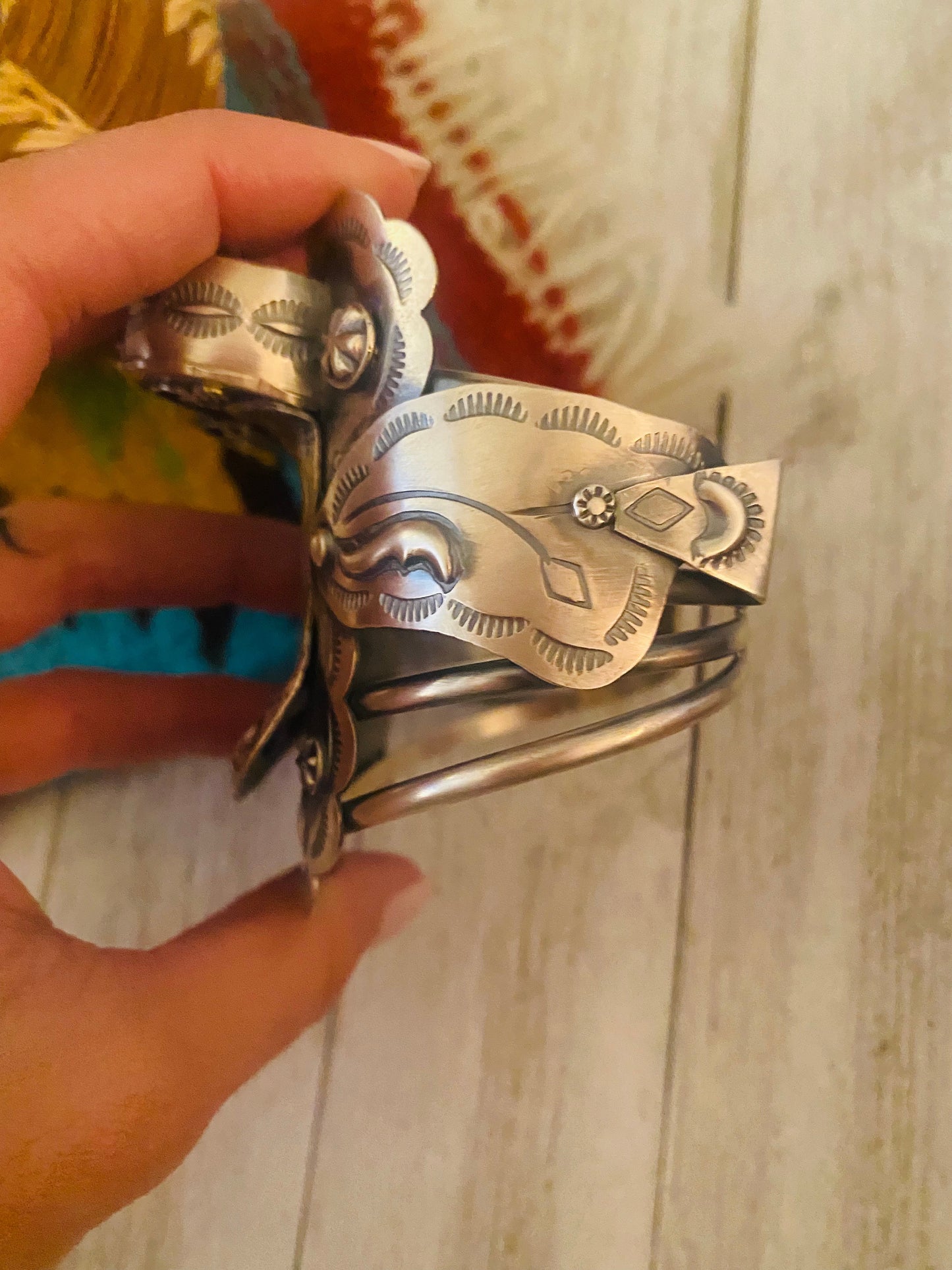 Navajo Hand Stamped Sterling Silver Saddle Cuff Bracelet by Tim Yazzie