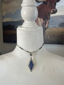 Navajo Sterling Silver & Blue Opal Inlay Diamond Pendant