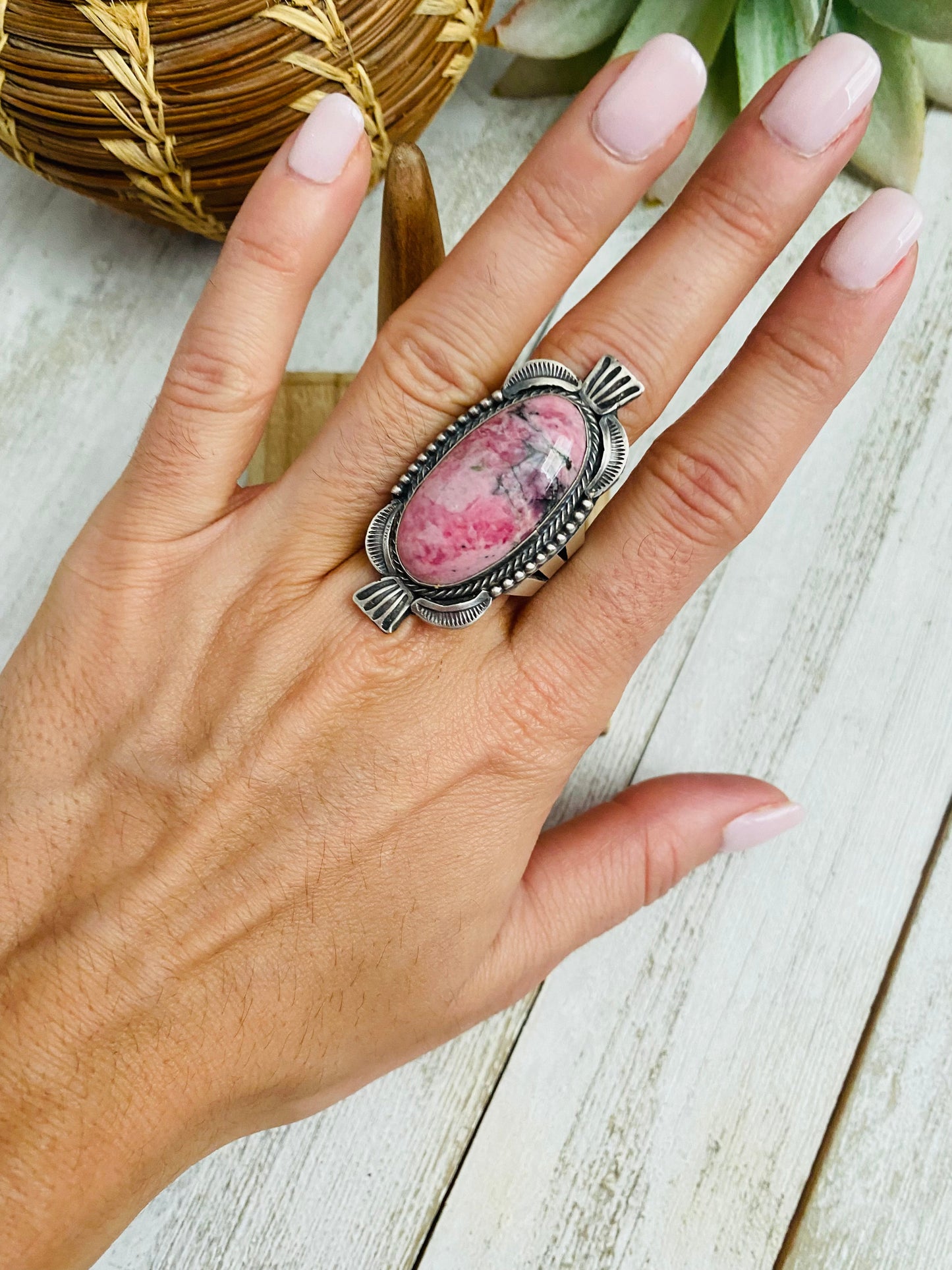 Navajo Rhodochrosite And Sterling Silver Ring Size 9 Signed