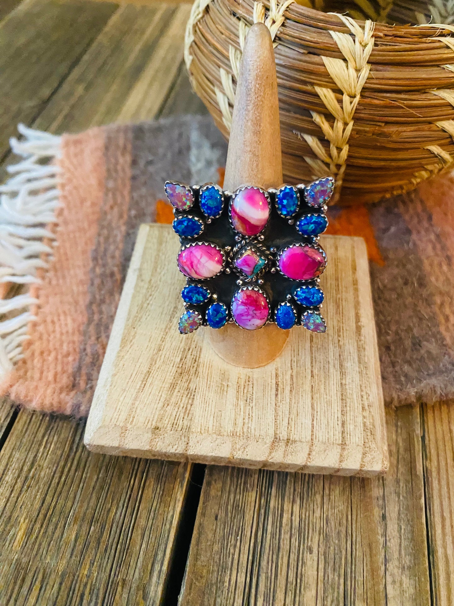 Handmade Sterling Silver, Pink Dream & Opal Cluster Adjustable Ring