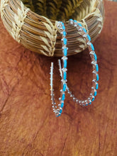 Load image into Gallery viewer, Zuni Turquoise &amp; Sterling Silver Needlepoint Hoop Earrings