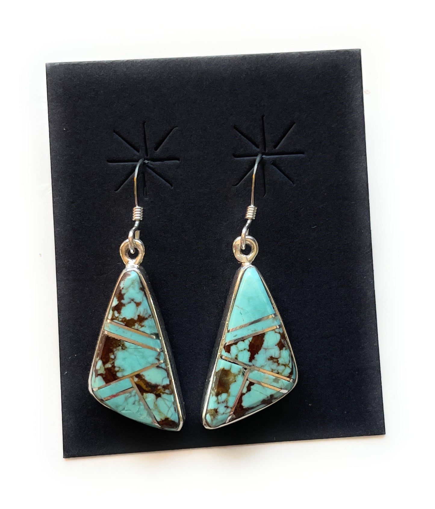 Navajo Number 8 Turquoise Inlay & Sterling Silver Dangle Earrings Signed
