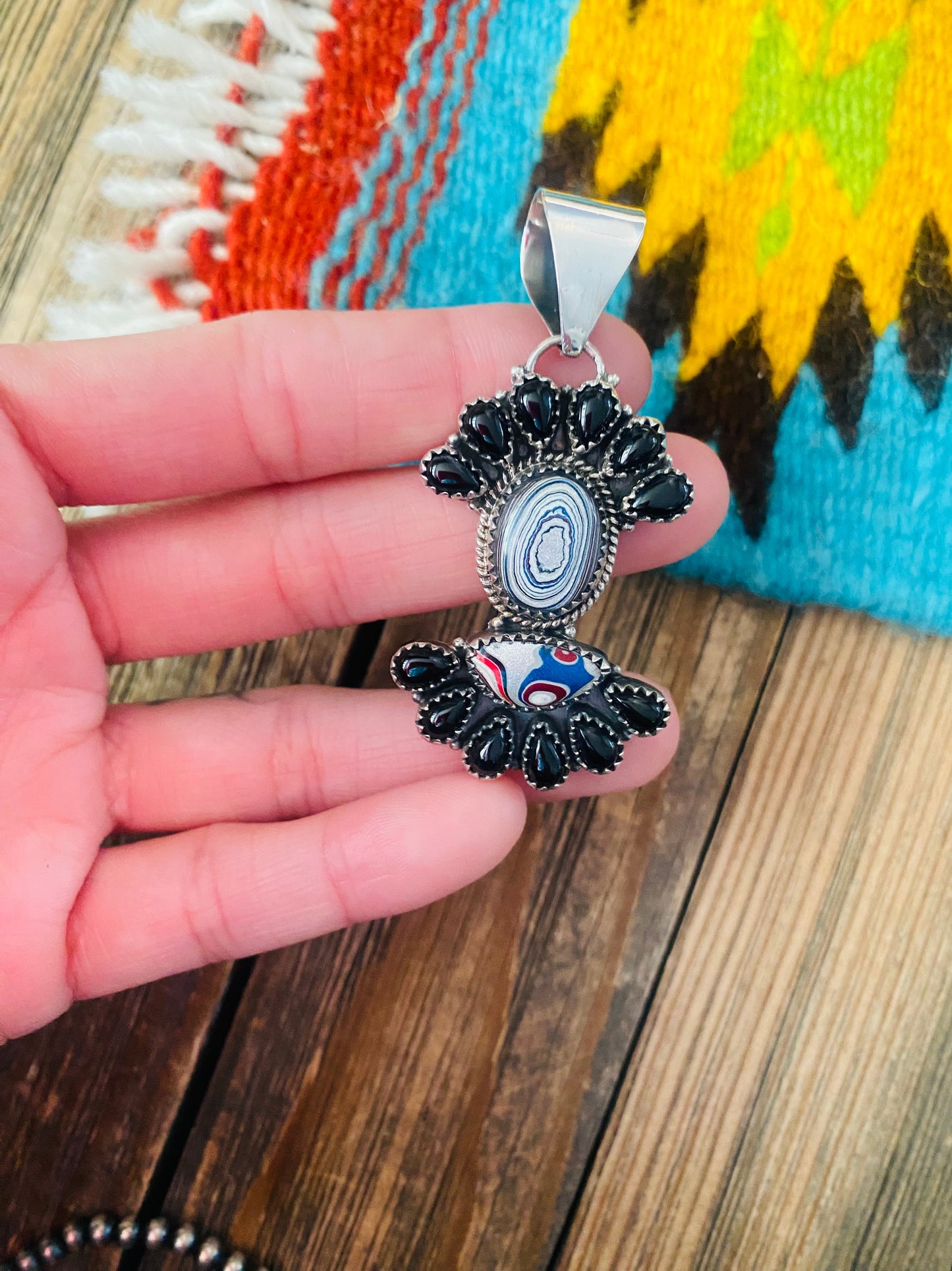 Handmade Sterling Silver, Fordite & Onyx Cluster Pendant