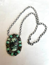 Load image into Gallery viewer, Navajo Royston &amp; Calico Turquoise &amp; Sterling Silver Cluster Necklace Signed &amp; Stamped