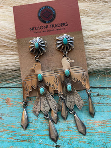 Navajo Turquoise & Sterling Silver Thunderbird Dangle Earrings Signed