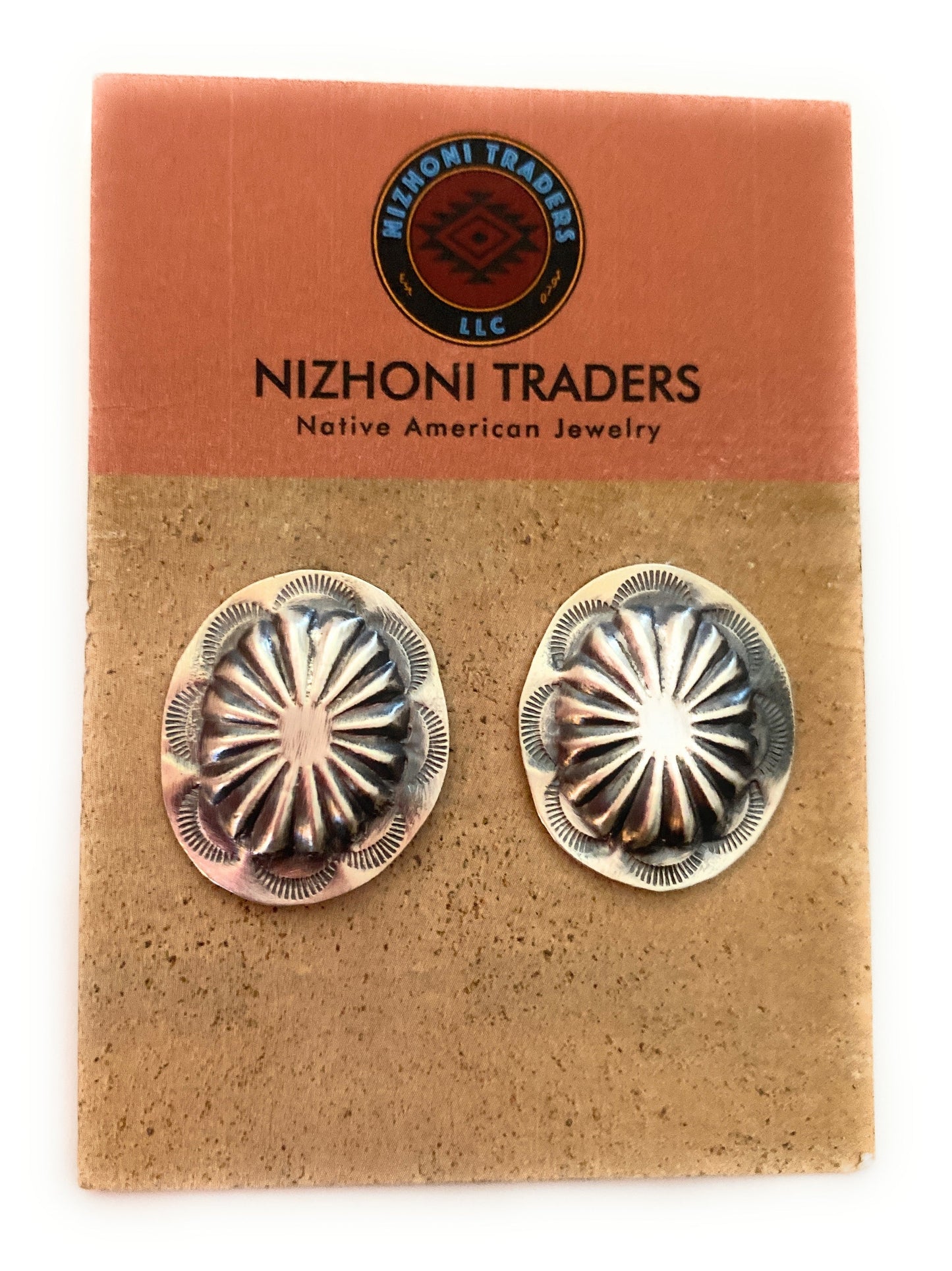 Navajo Sterling Silver Hand Stamped Oval Concho Post Earrings 1”