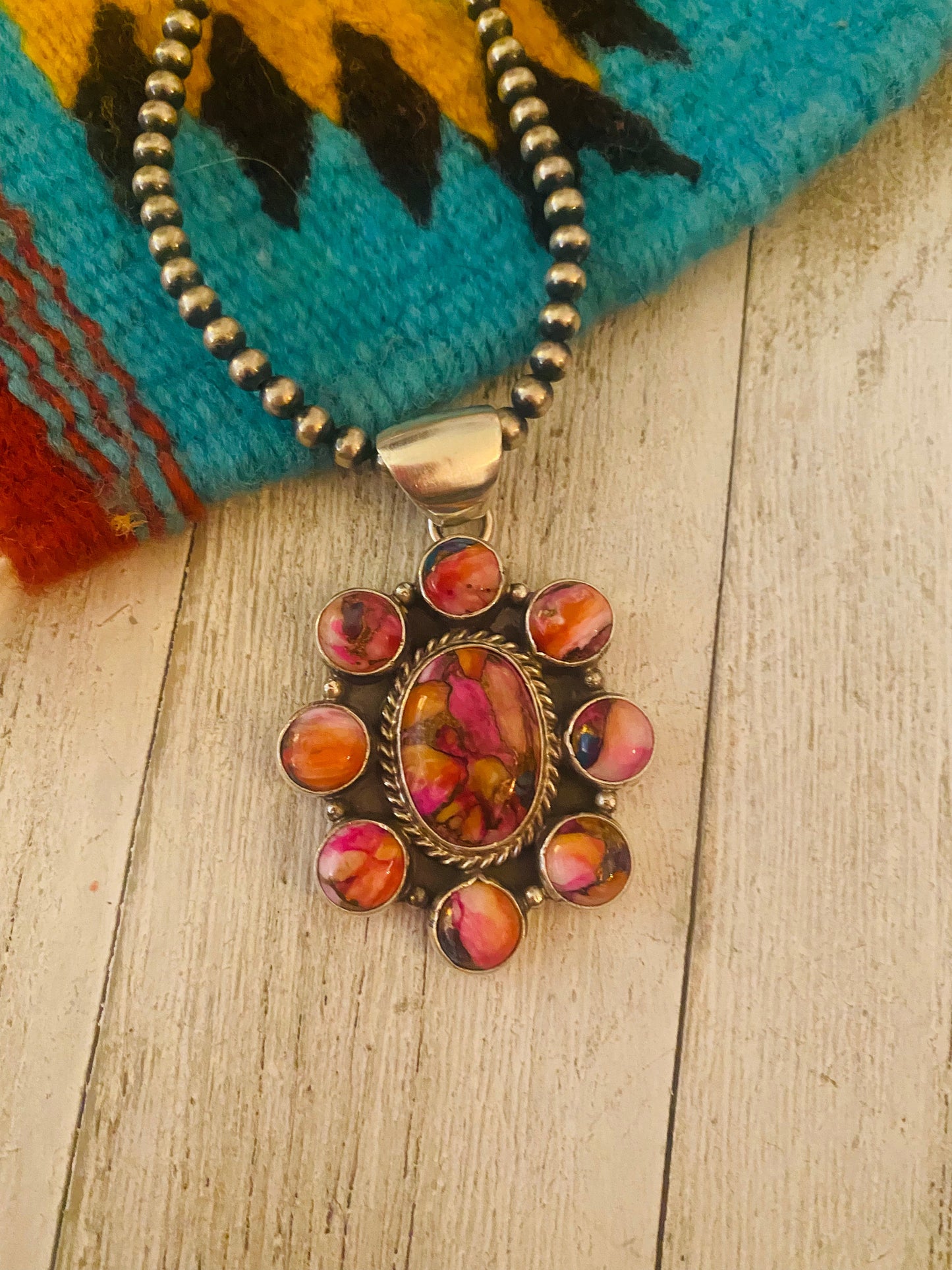 Navajo Pink Dream Mojave & Sterling Silver Cluster Pendant