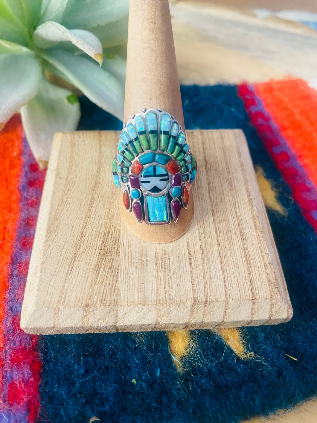 Handmade Sterling Silver & Multi Stone Inlay Kachina Ring Size 9