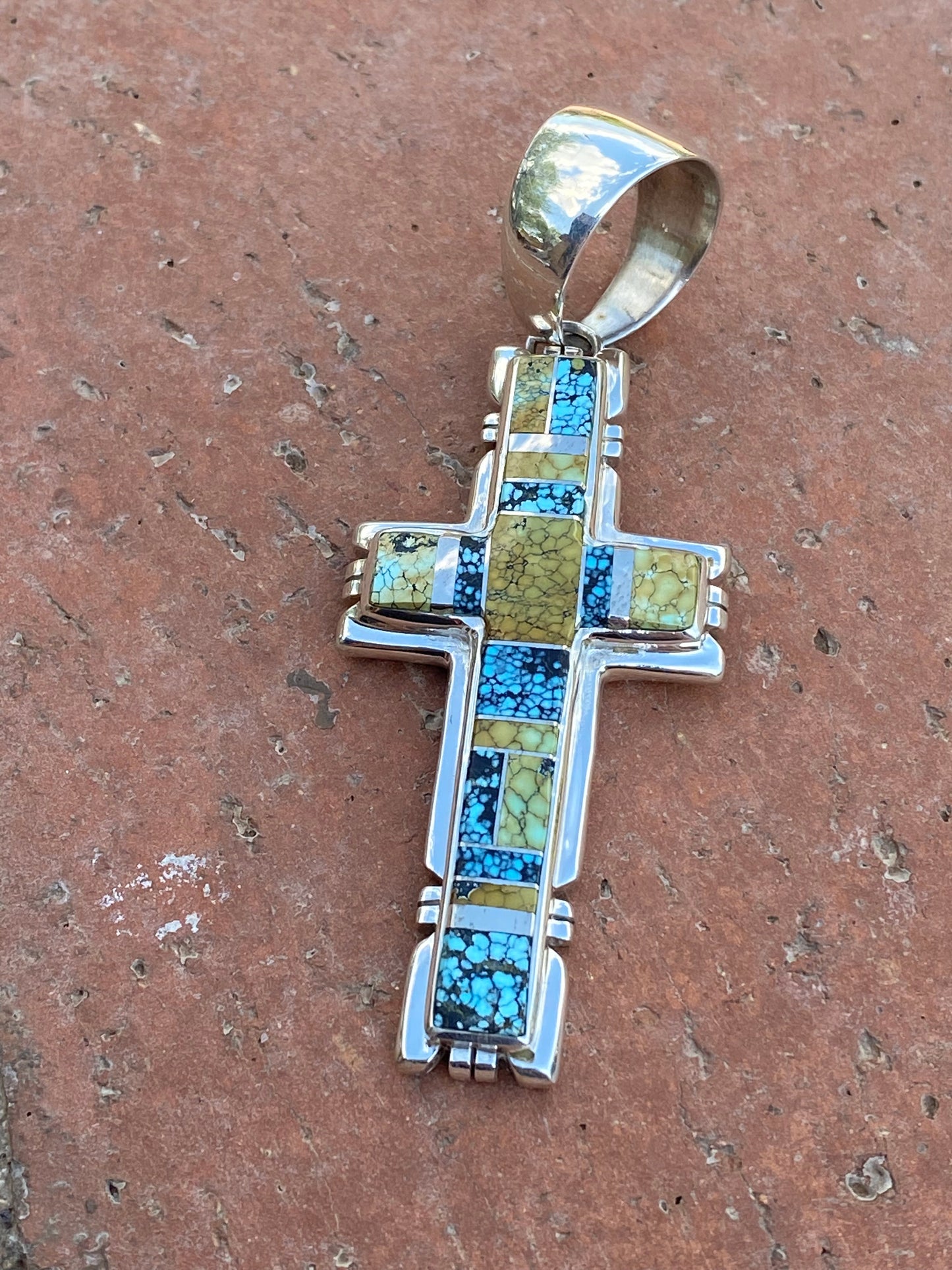 Natural Blue Moon Turquoise & Sterling Silver Navajo  Cross Pendant