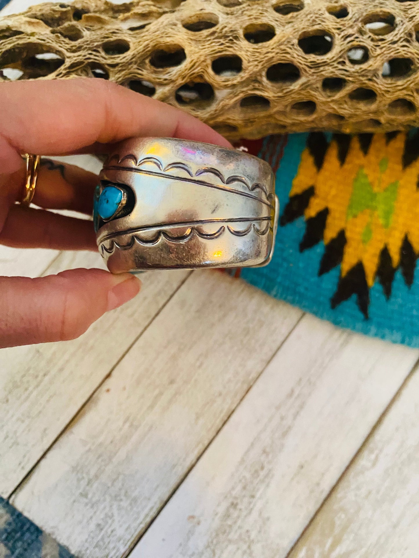 Navajo Old Pawn Vintage Turquoise & Sterling Silver Cuff Bracelet