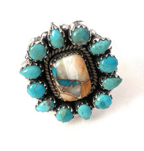 Load image into Gallery viewer, Handmade Sterling Silver, Spice &amp; Turquoise Cluster Adjustable Ring