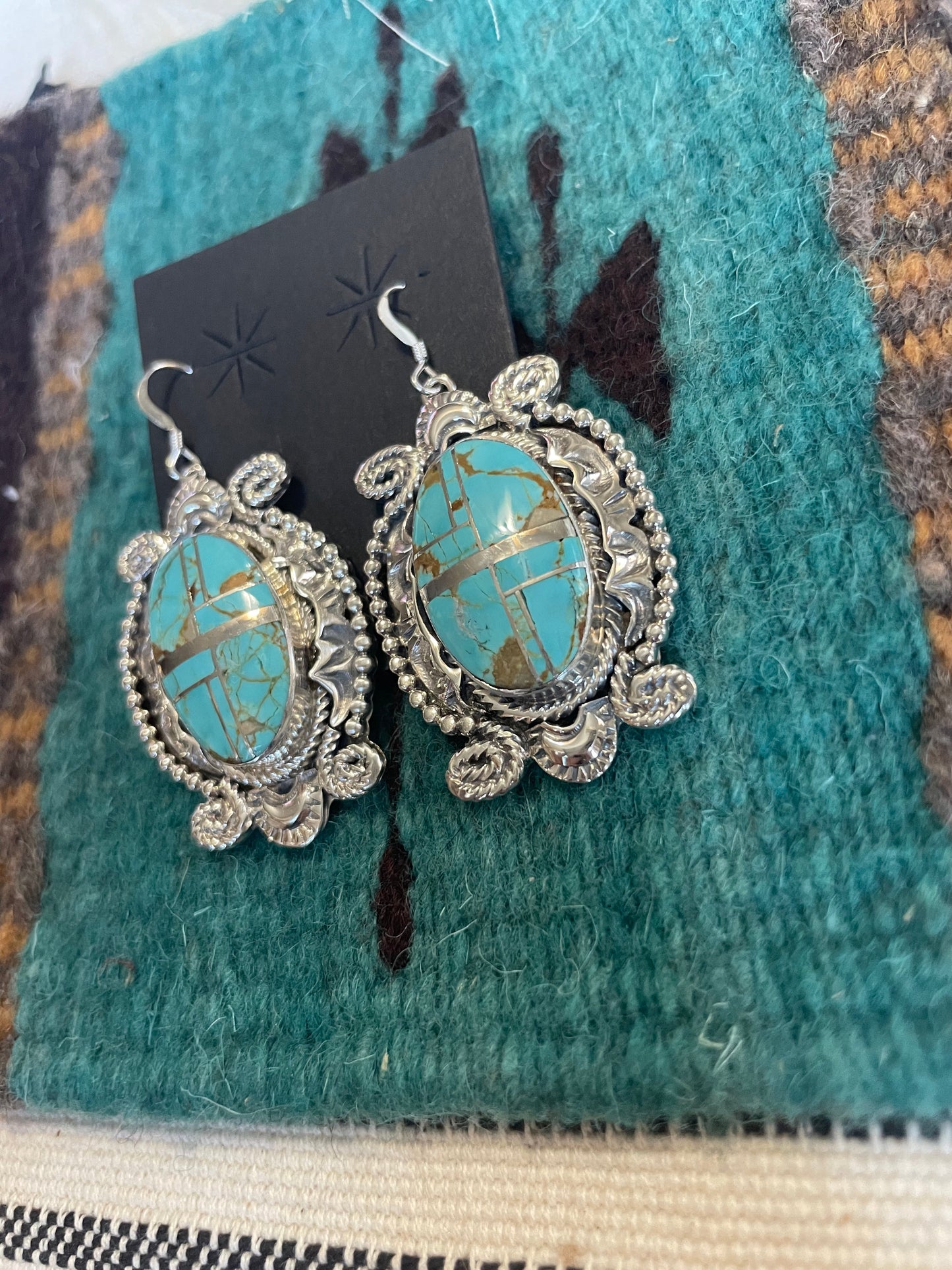 Navajo Number 8 Turquoise & Sterling Silver Dangle Earrings Signed
