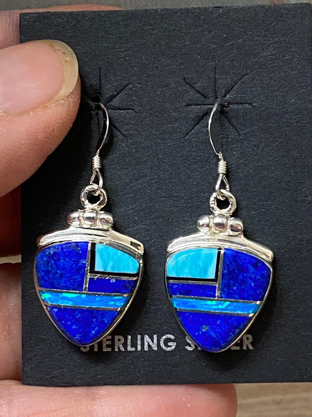 Navajo Lapis, Turquoise, Blue Triangle Berry Dangle Earrings
