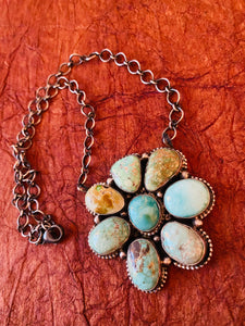 Navajo Sterling Silver & Carico Lake Turquoise Cluster Necklace