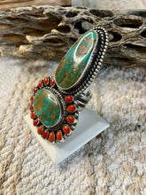 Load image into Gallery viewer, Navajo Sterling Silver Royston Turquoise And Coral Ring Size 10 Signed