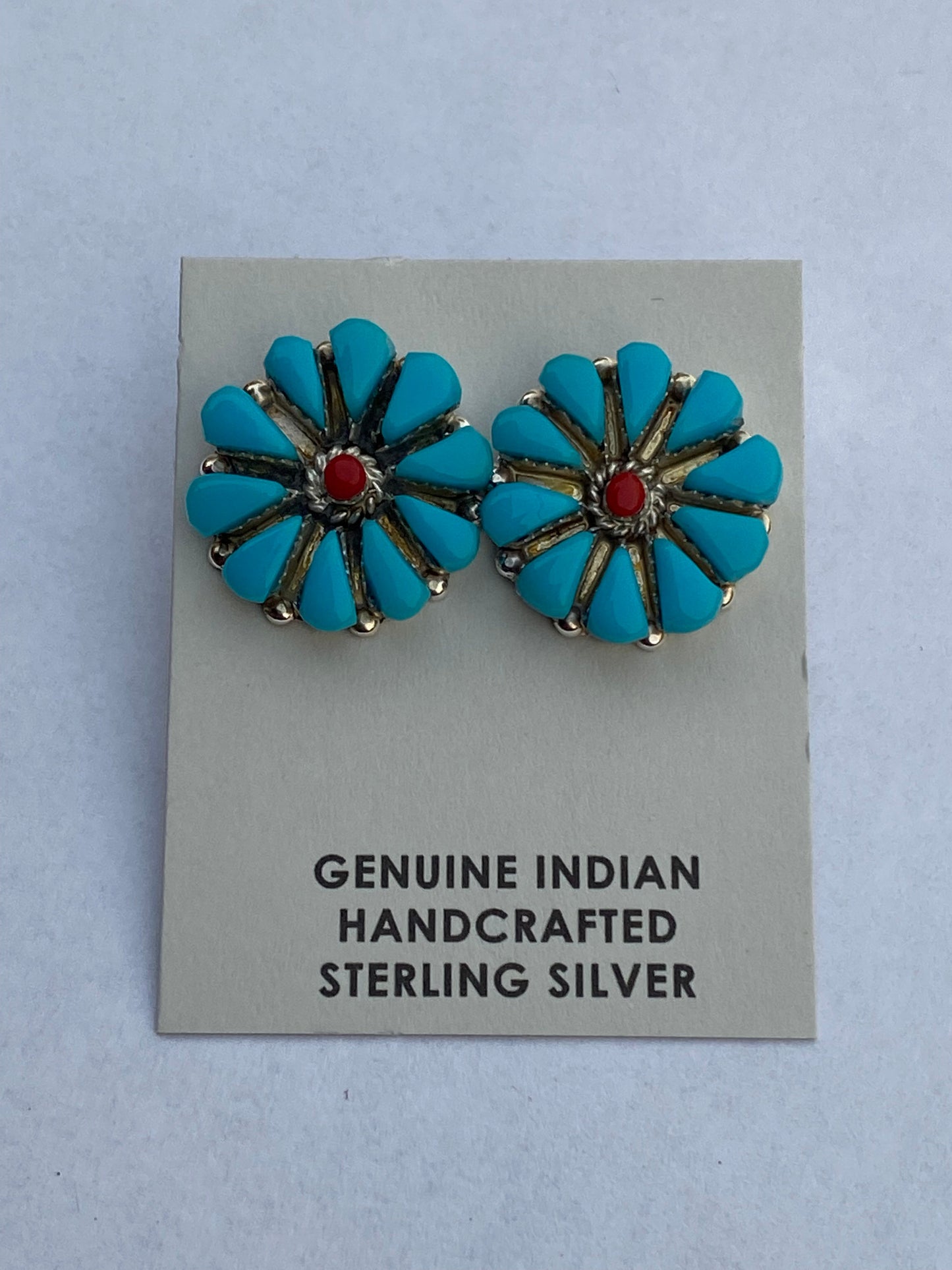Zuni Turquoise & Coral Sterling Silver Cluster Stud Earrings Signed