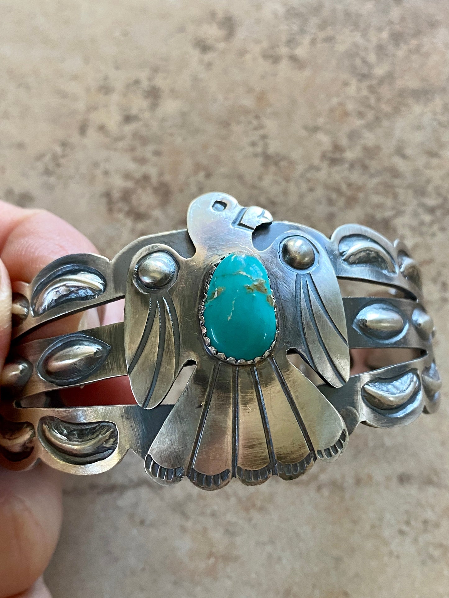 Sterling Silver Navajo Stamped Turquoise Thunderbird Cuff