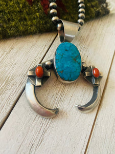 Navajo Sterling Silver, Turquoise & Coral Naja Pendant By Chimney Butte