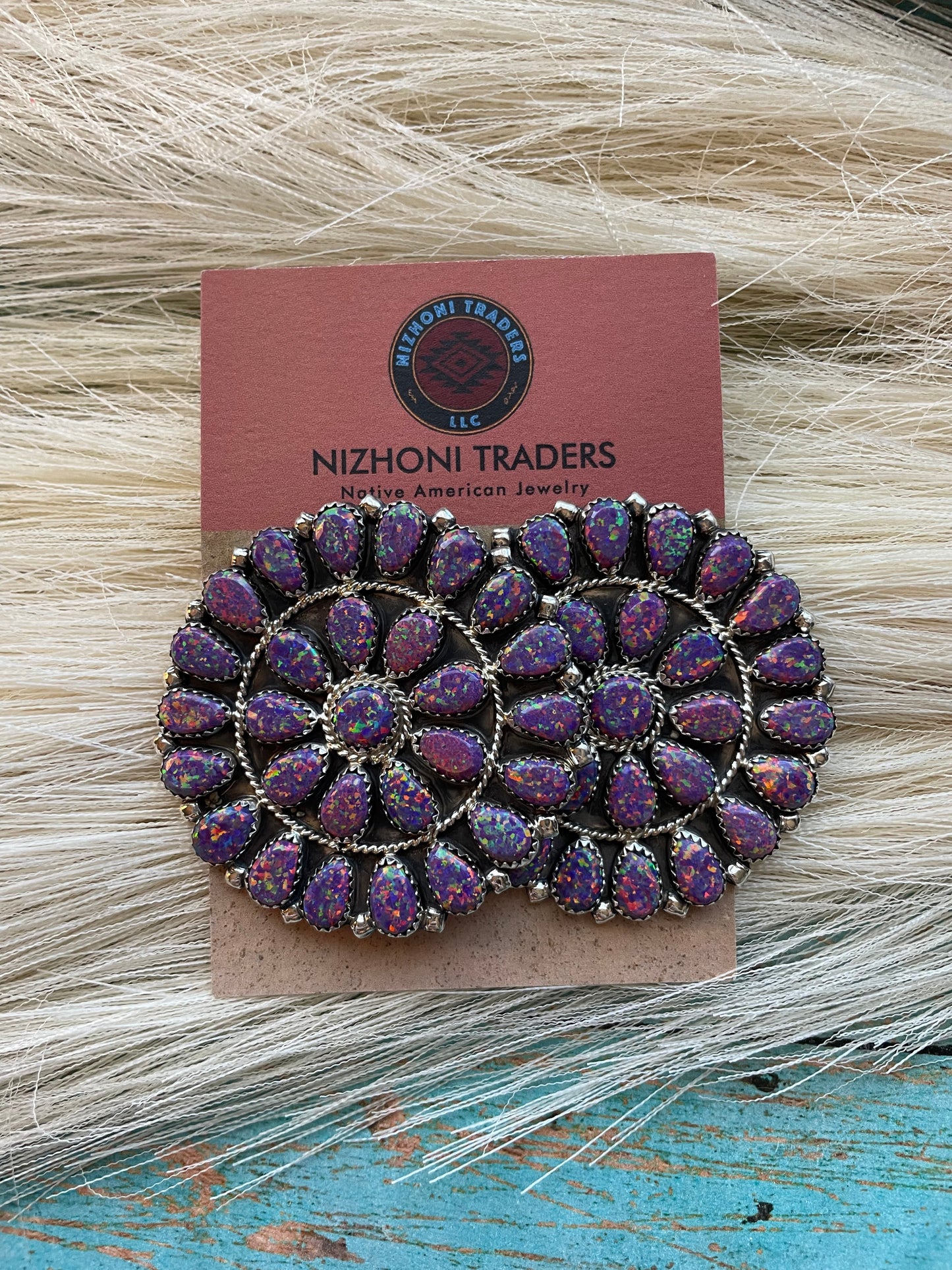 Navajo Sterling Silver Purple Opal Circle Cluster Earrings Signed