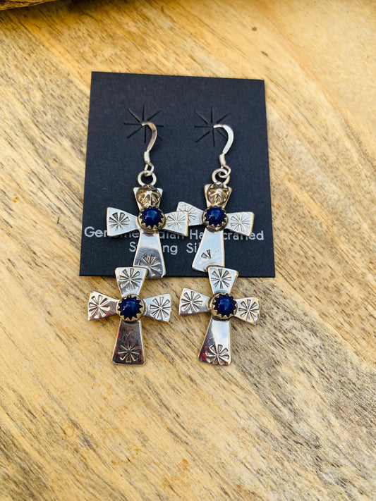 Navajo Hand Stamped Sterling Silver & Lapis Double Cross Dangle Earrings