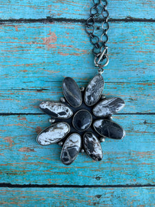 Navajo Sterling Silver And White Buffalo Cluster Necklace By Ella Peters