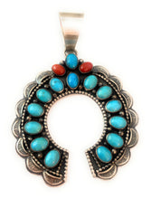 Load image into Gallery viewer, Navajo Sterling Silver, Sleeping Beauty Turquoise &amp; Coral Naja Pendant