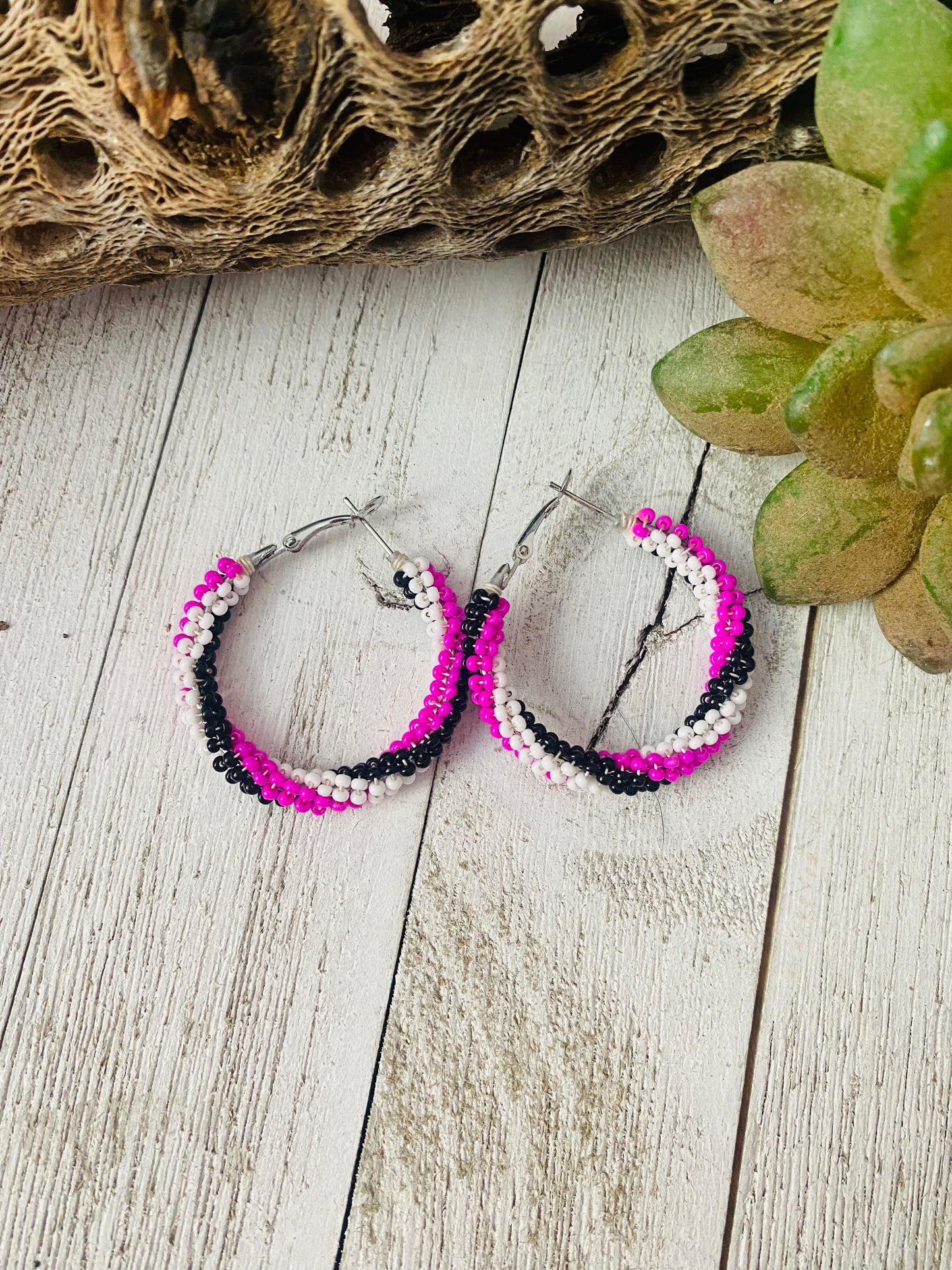 Navajo Handmade Beaded Hoop Earrings- pink, black