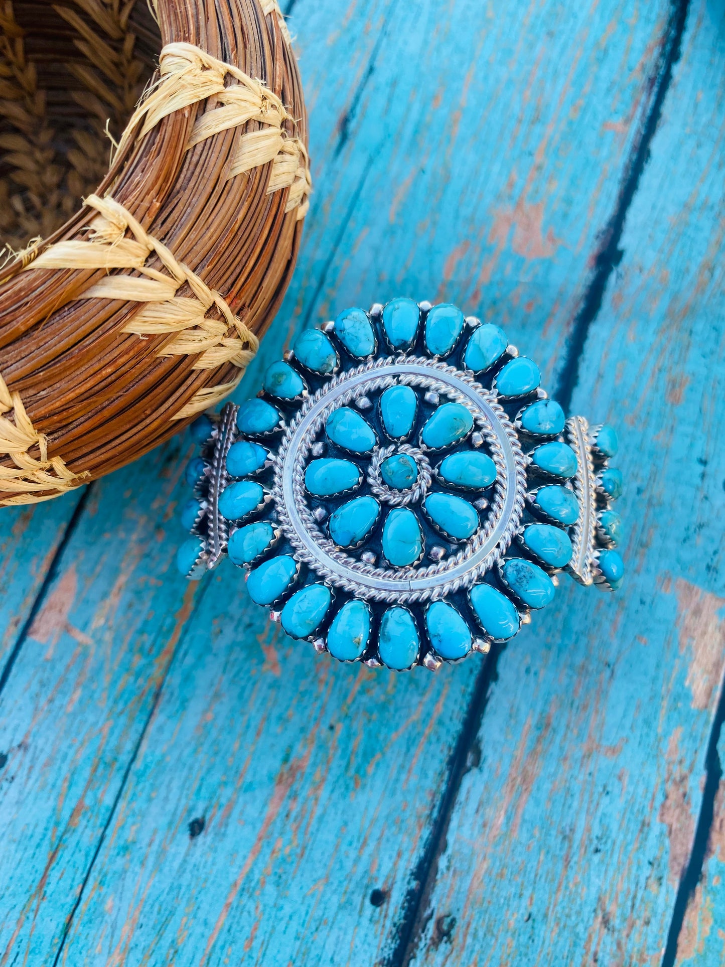 Navajo Kingman Turquoise & Sterling Silver Cluster Bracelet Cuff