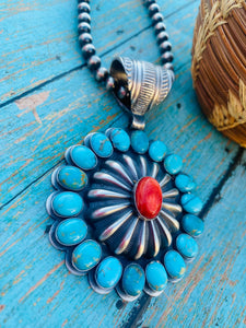 Navajo Kingman Turquoise, Red Spiny & Sterling Silver Pendant By Richard Livingston