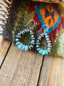 Handmade 3 Stone Turquoise And Sterling Silver Beaded Dangle Earrings