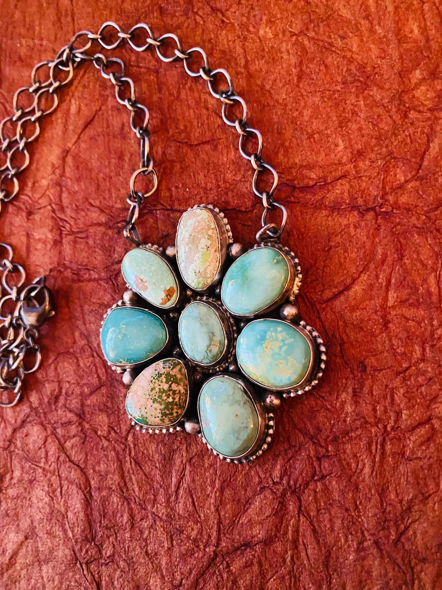 Navajo Sterling Silver & Carico Lake Turquoise Cluster Necklace