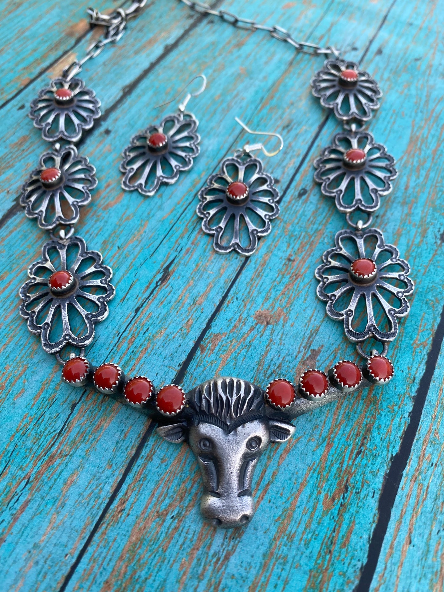 Navajo Sterling Silver & Coral Bull Head Necklace Set By Kevin Billah