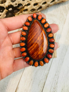 Navajo Sterling Silver & Orange Spiny Cluster Adjustable Ring
