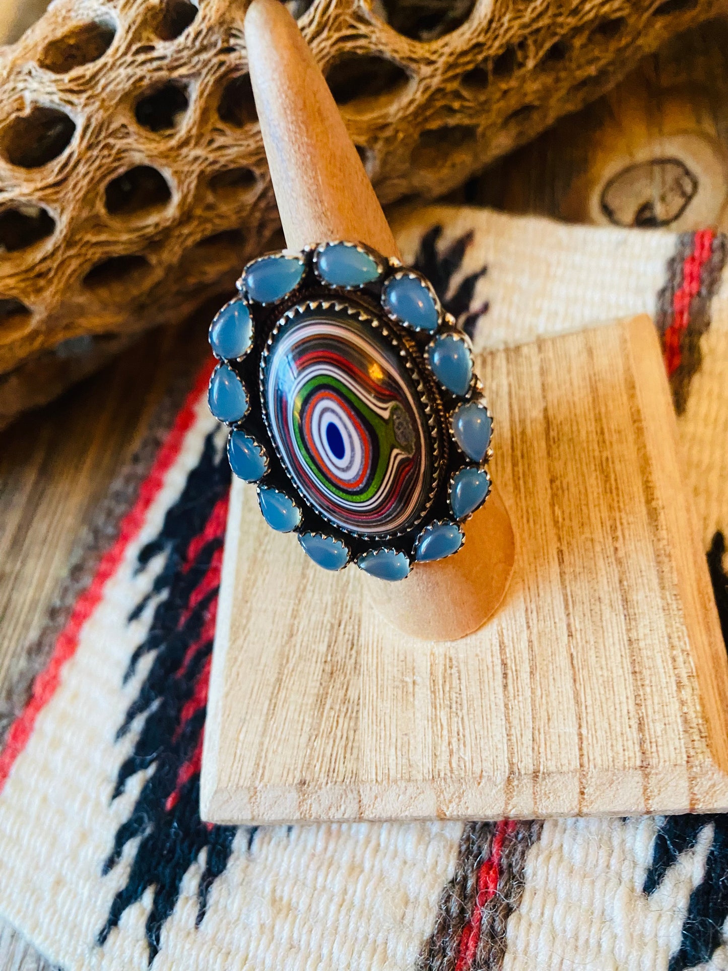 Handmade Sterling Silver, Fordite & Blue Chalcedony Cluster Adjustable Ring