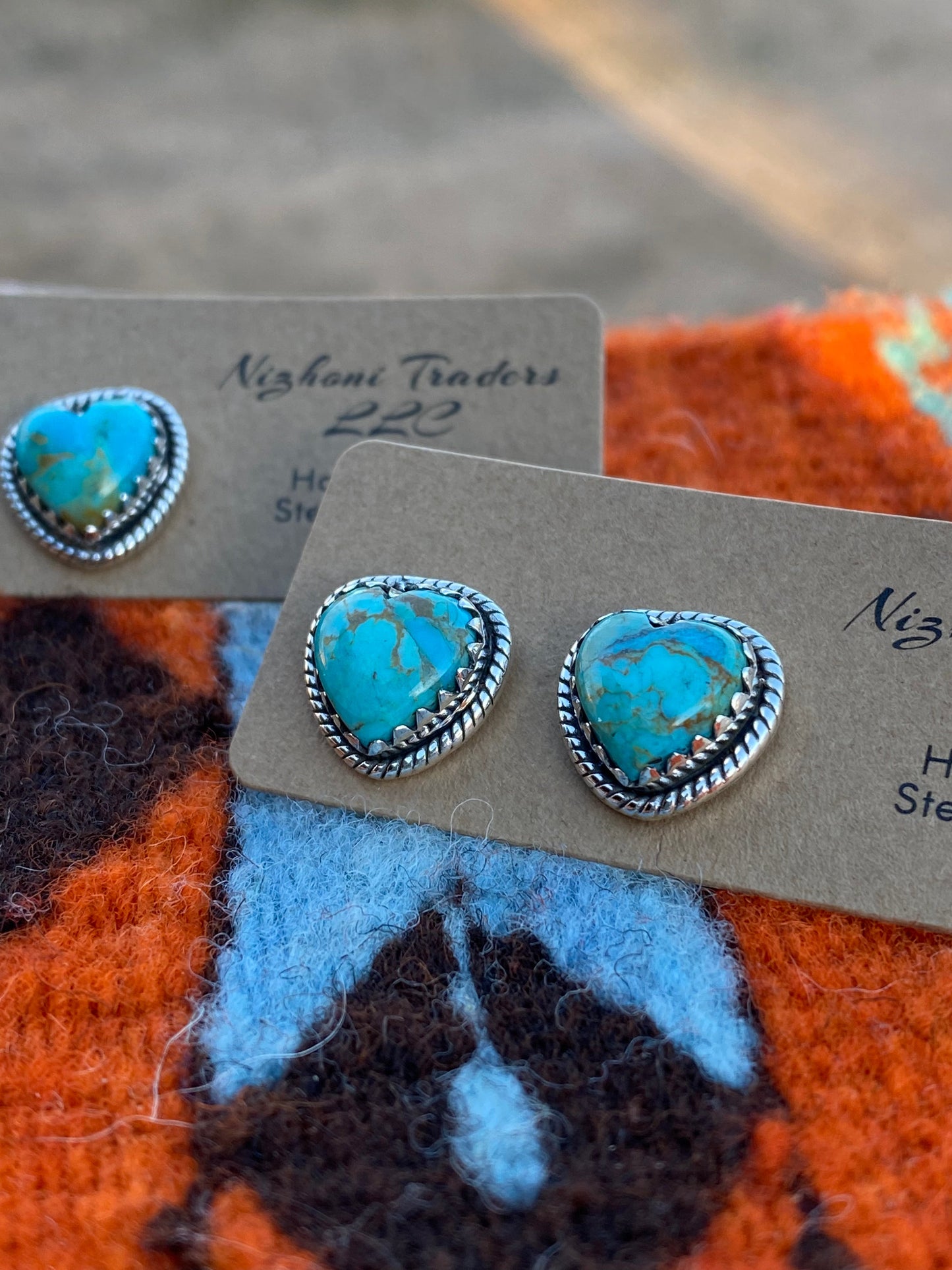 Handmade Royston Turquoise & Sterling Heart Stud Earrings