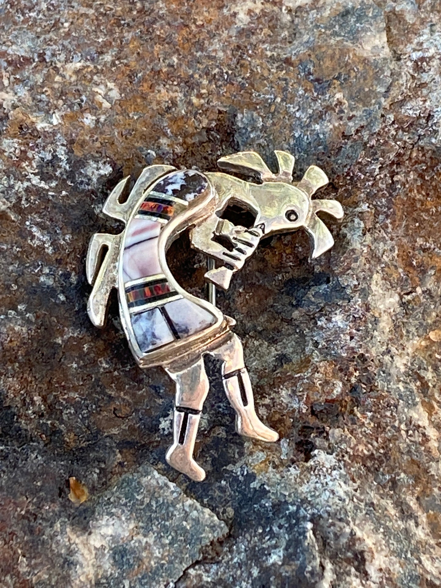 Navajo Onyx, Purple Spiny and Fire Opal  Sterling Silver Kokopelli Pin Pendant