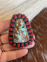 Load image into Gallery viewer, Navajo Number 8 Turquoise, Coral &amp; Sterling Silver Ring Size 6 Signed G James