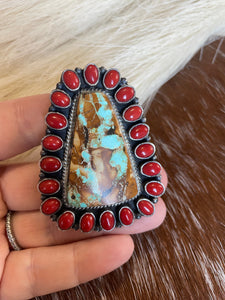 Navajo Number 8 Turquoise, Coral & Sterling Silver Ring Size 6 Signed G James