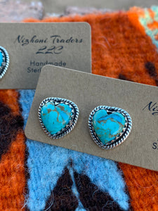 Handmade Royston Turquoise & Sterling Heart Stud Earrings