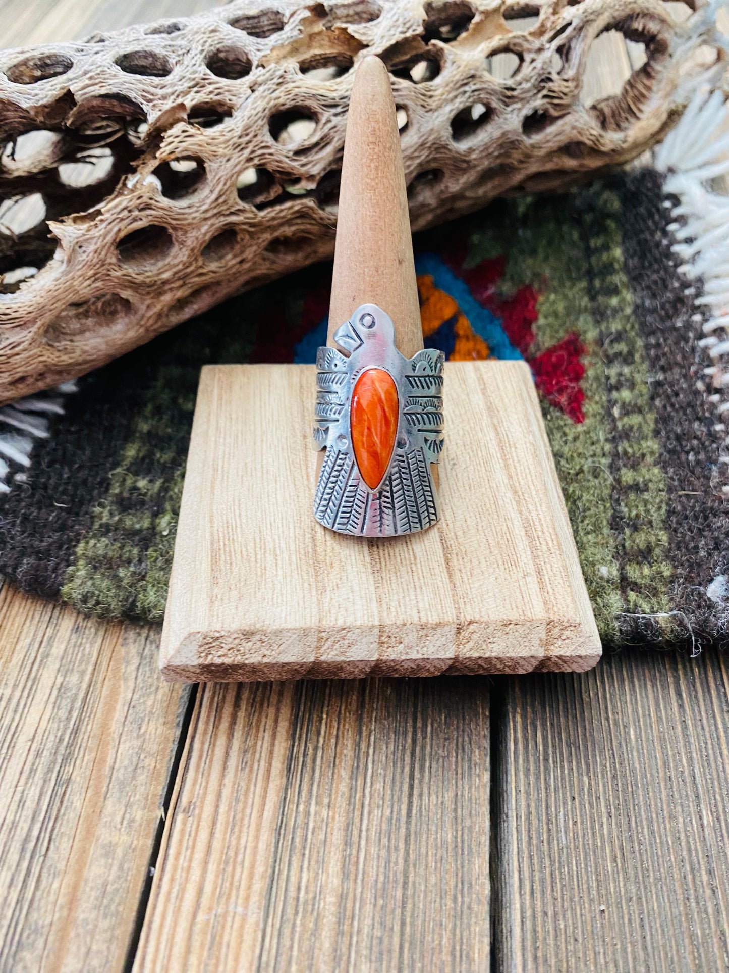 Navajo Sterling Silver & Orange Spiny Thunderbird Ring