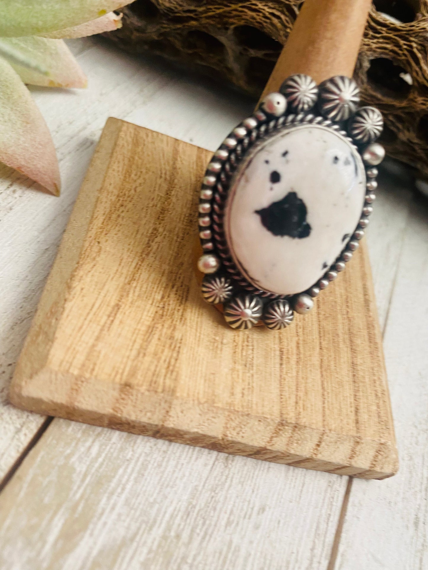 Navajo Sterling Silver And White Buffalo Ring Size 8.75