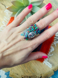 Handmade Sterling Silver & Multi Stone Inlay Indian Chief Ring Size 9.5