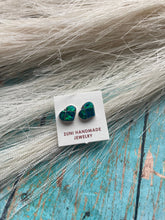 Load image into Gallery viewer, Zuni Sterling Silver &amp; Green Opal Inlay Heart Stud Earrings