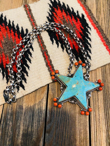 Navajo Turquoise, Coral & Sterling Silver Star Necklace Signed