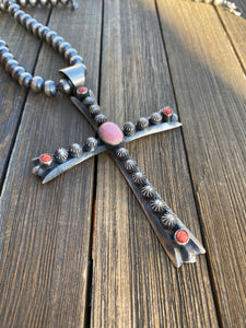 Navajo Sterling Silver & Coral Cross Pendant Signed By Chimney Butte