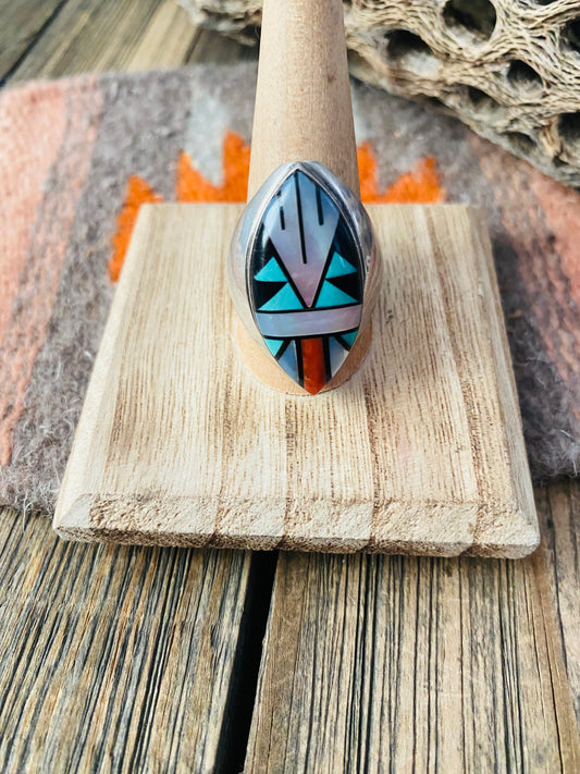 Old Pawn Vintage Navajo Sterling Silver & Multi Stone Inlay Ring Size 10.5