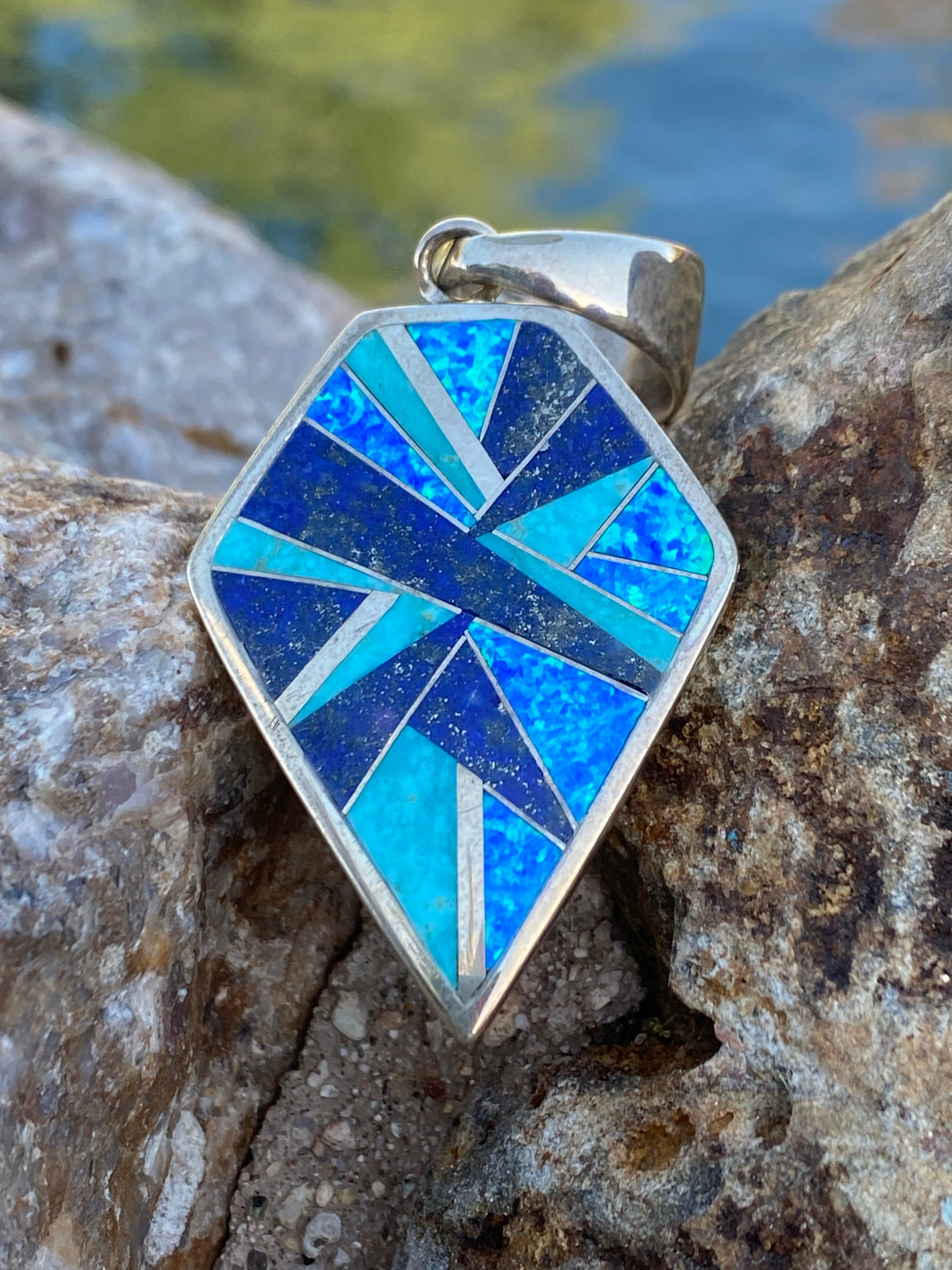 Navajo Lapis, Turquoise, Blue Opal Shield Pendant